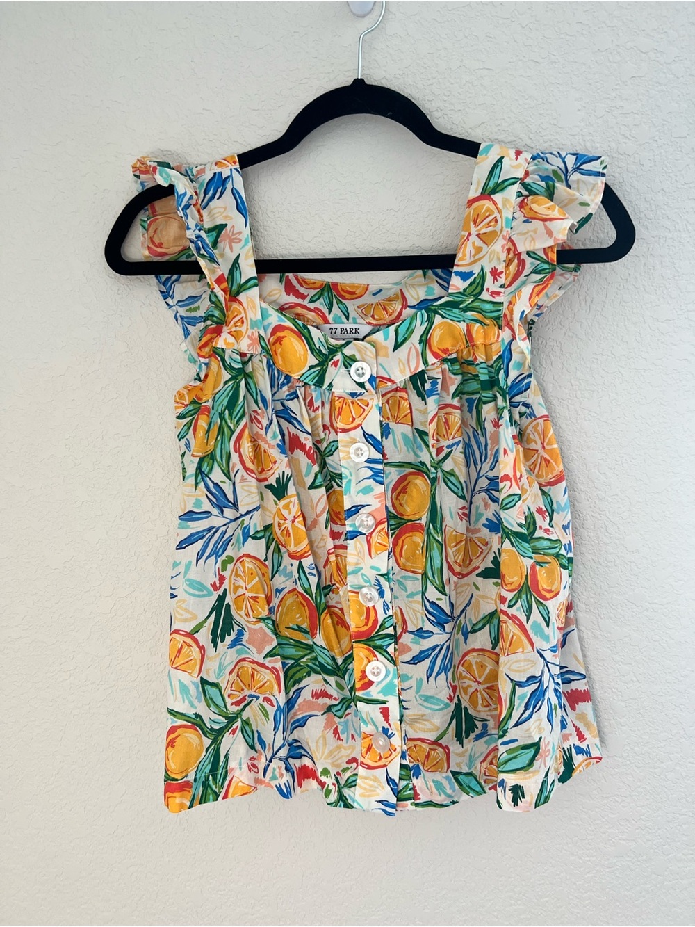 77 Park Cream Citrus-Print Novelty Print Ruffle Strap Button Front Top Cotton